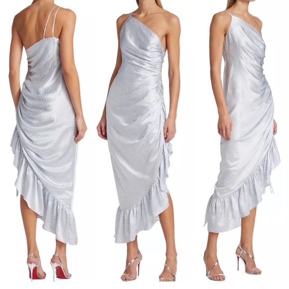 CINQ A SEPT Dresses & Skirts - NEW CINQ A SEPT christel dress in ivory/skyfall one shoulder midi wavy lines